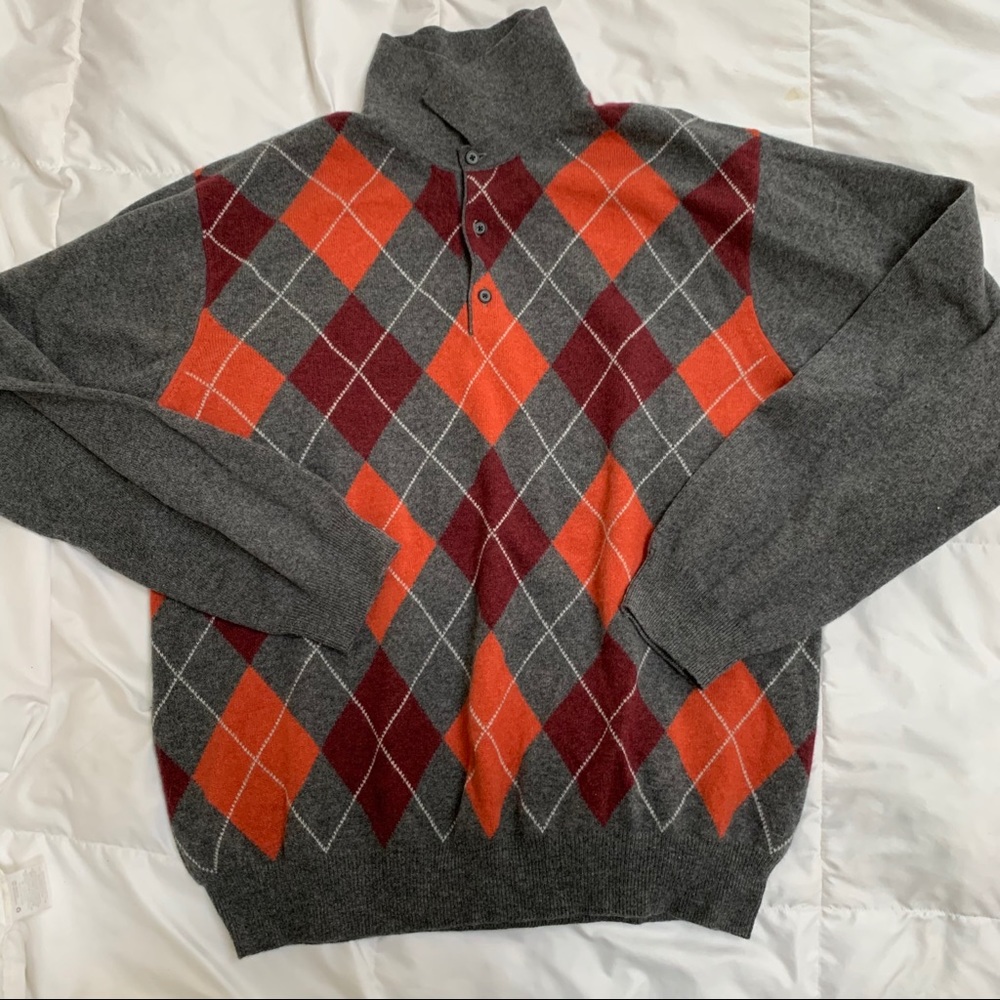 Kinross argyle button cashmere collared sweater